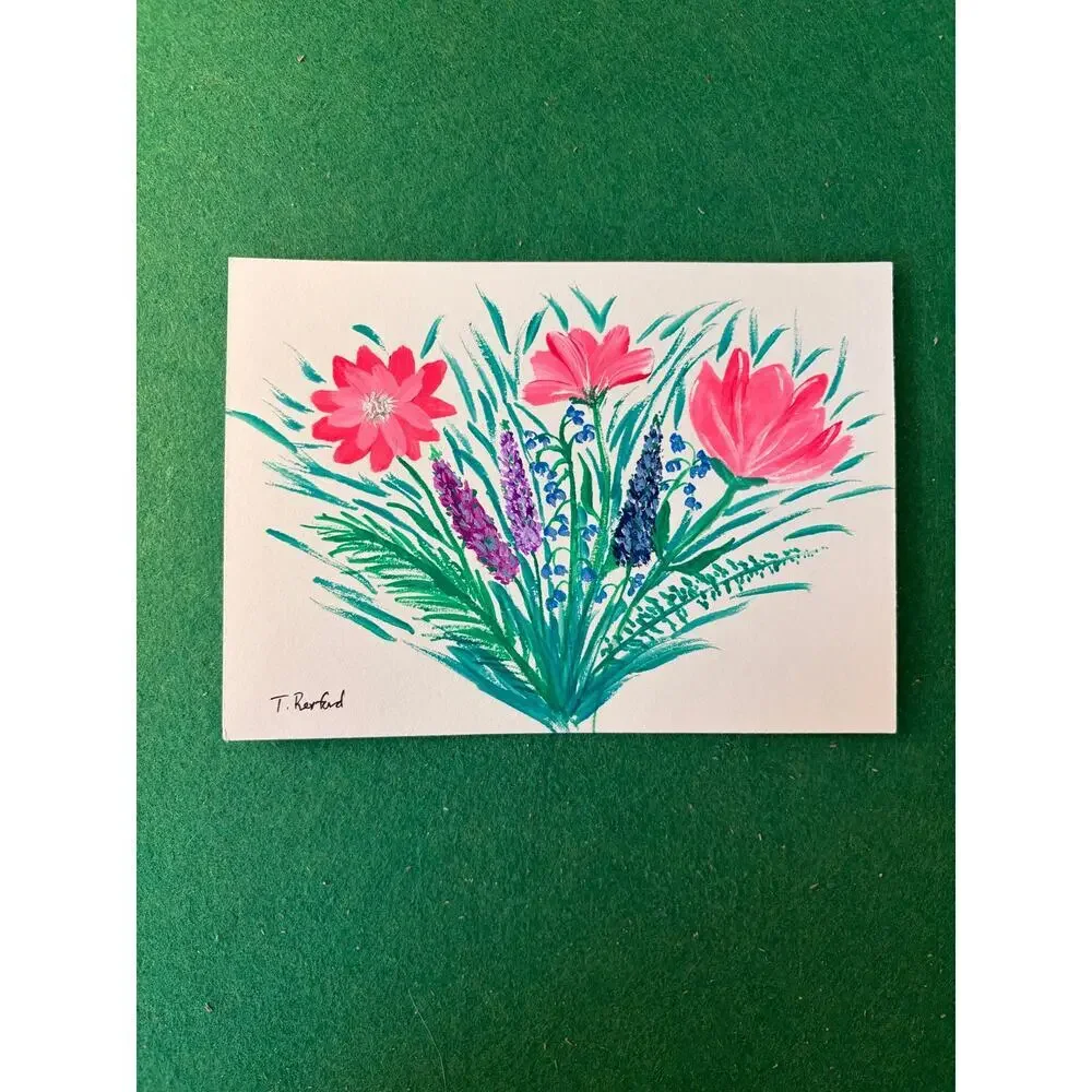 Hand painted gouache original painting flowers bouquet pink purple blue green